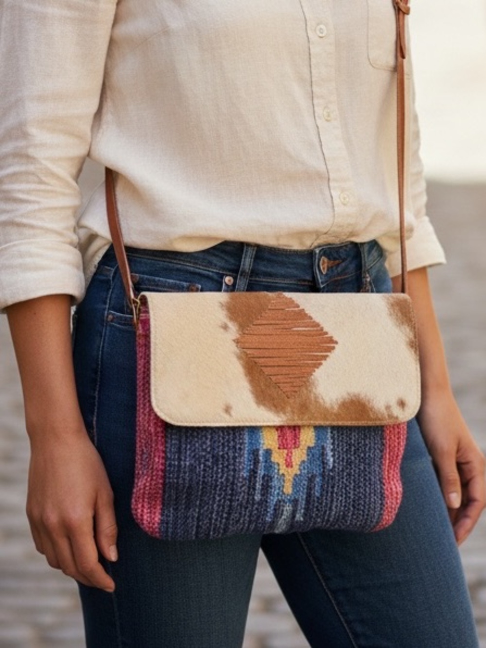 OLAY Handwoven Blue, Brown & Pink Crossbody Bag